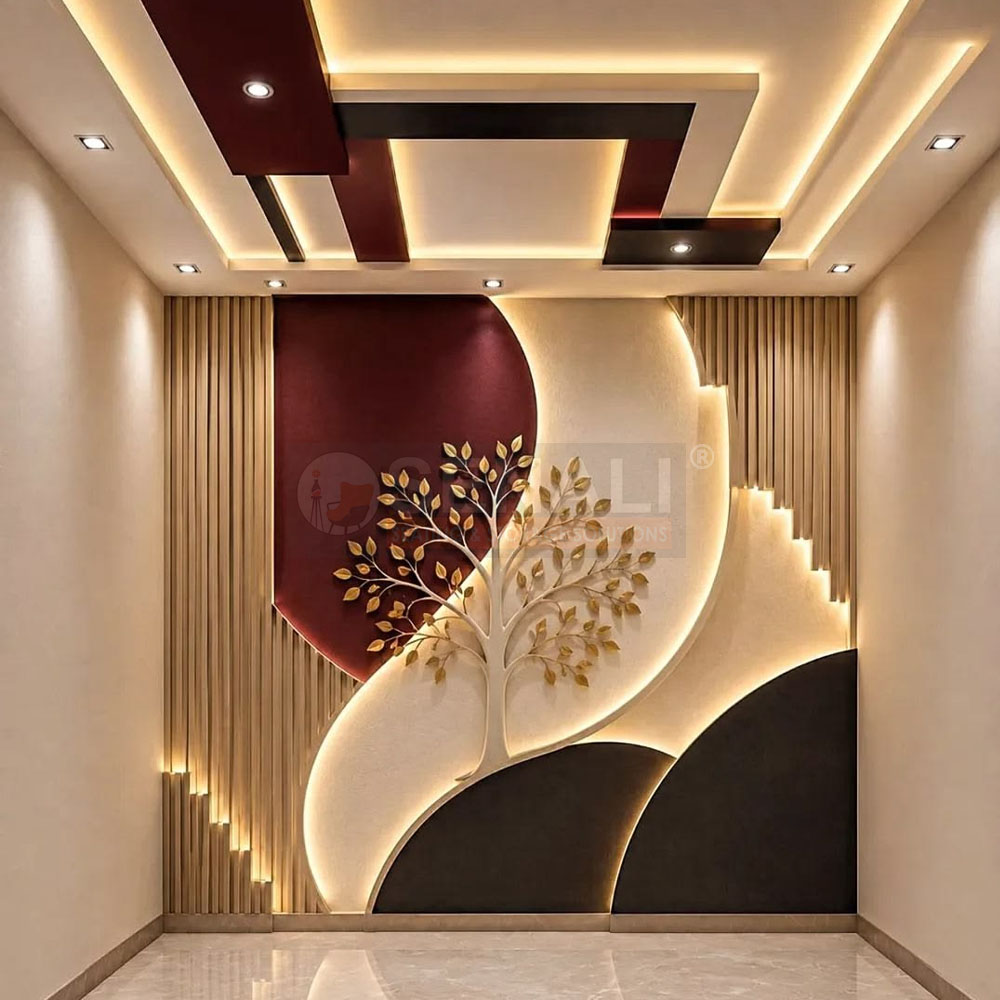 Modern gypsum board false ceiling design with cove lighting installed by experts in Chennai