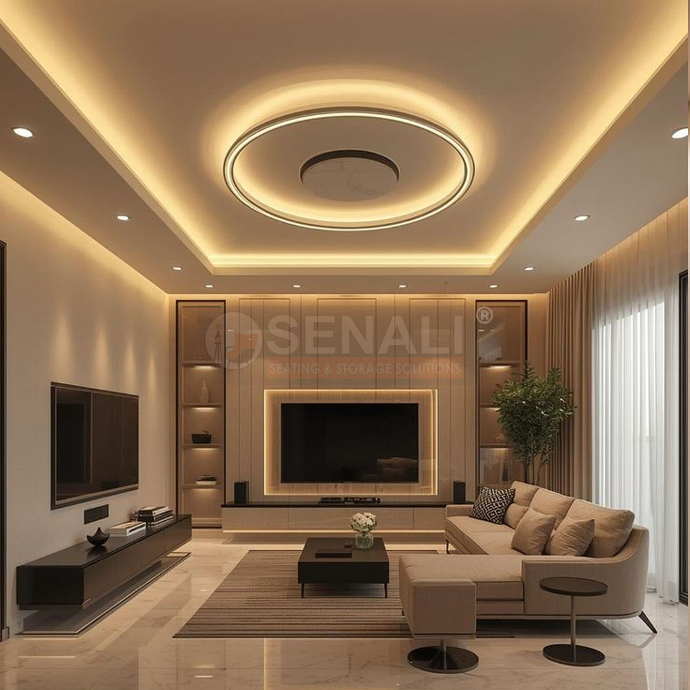 Luxury corporate boardroom false ceiling featuring integrated LED cove lighting in Chennai