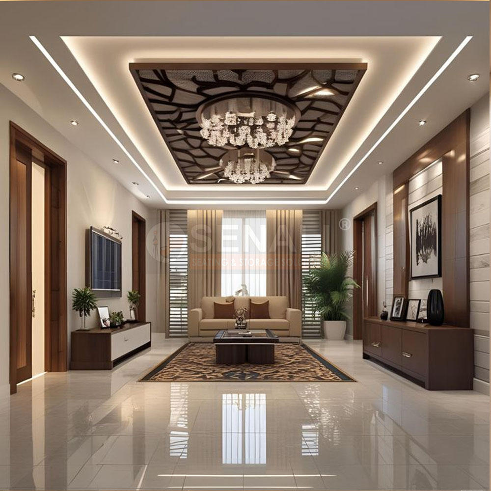 Office reception area false ceiling design styled with wooden profile lighting in Chennai