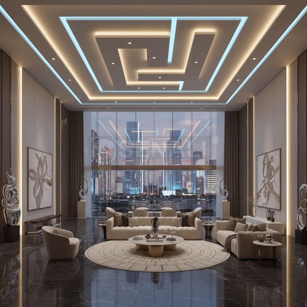 Contemporary meeting room ceiling featuring recessed profile LED lighting channels in Chennai