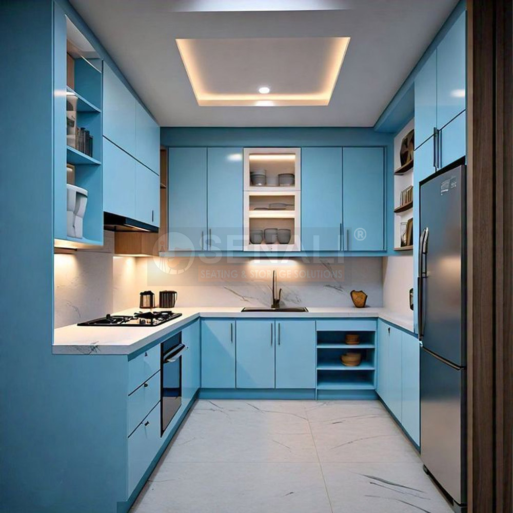Premium space-saving straight modular kitchen in Chennai featuring sleek acrylic cabinetry