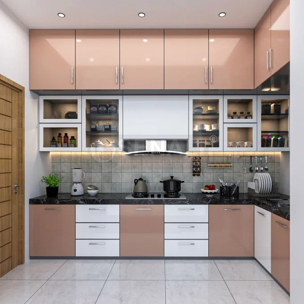 Modern L-shaped modular kitchen in Chennai with soft-close tandem drawer systems