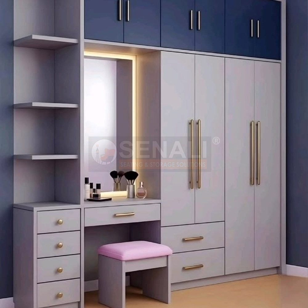 Customized vibrant kids bedroom wardrobe design in Chennai with low-height organizer racks