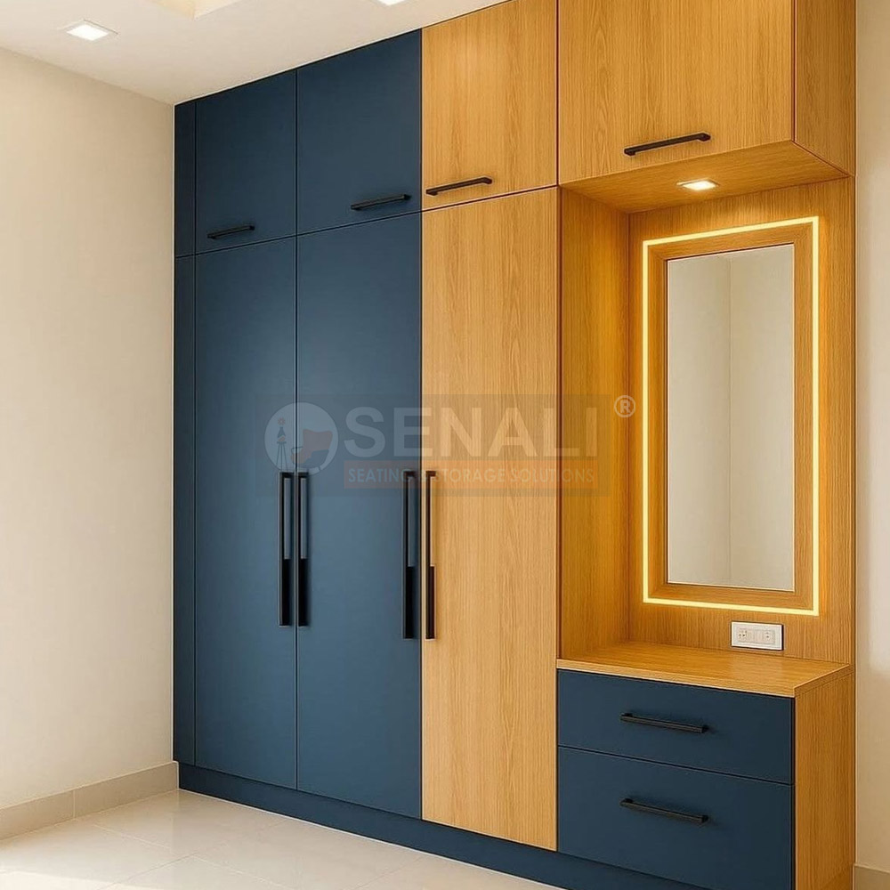 Modern 4-door hinged bedroom cupboard layout executed by wardrobe design experts in Chennai