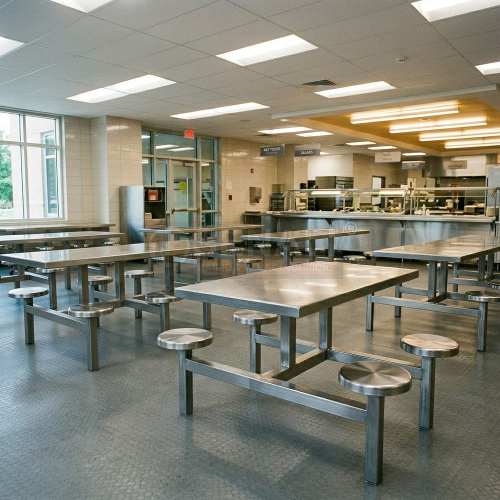 6-seater stainless steel frame cafeteria table for industrial canteens in Chennai