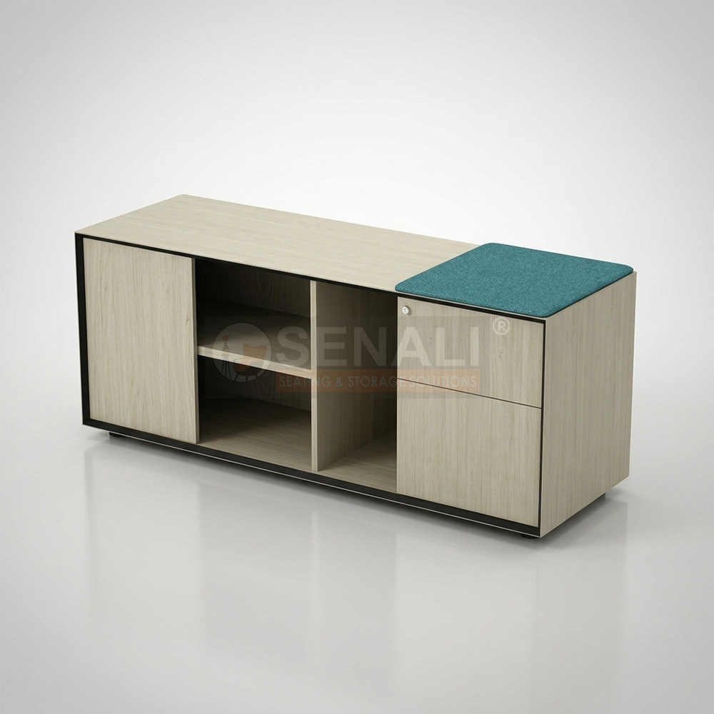 Executive desk side credenza cabinet in teak laminate finish