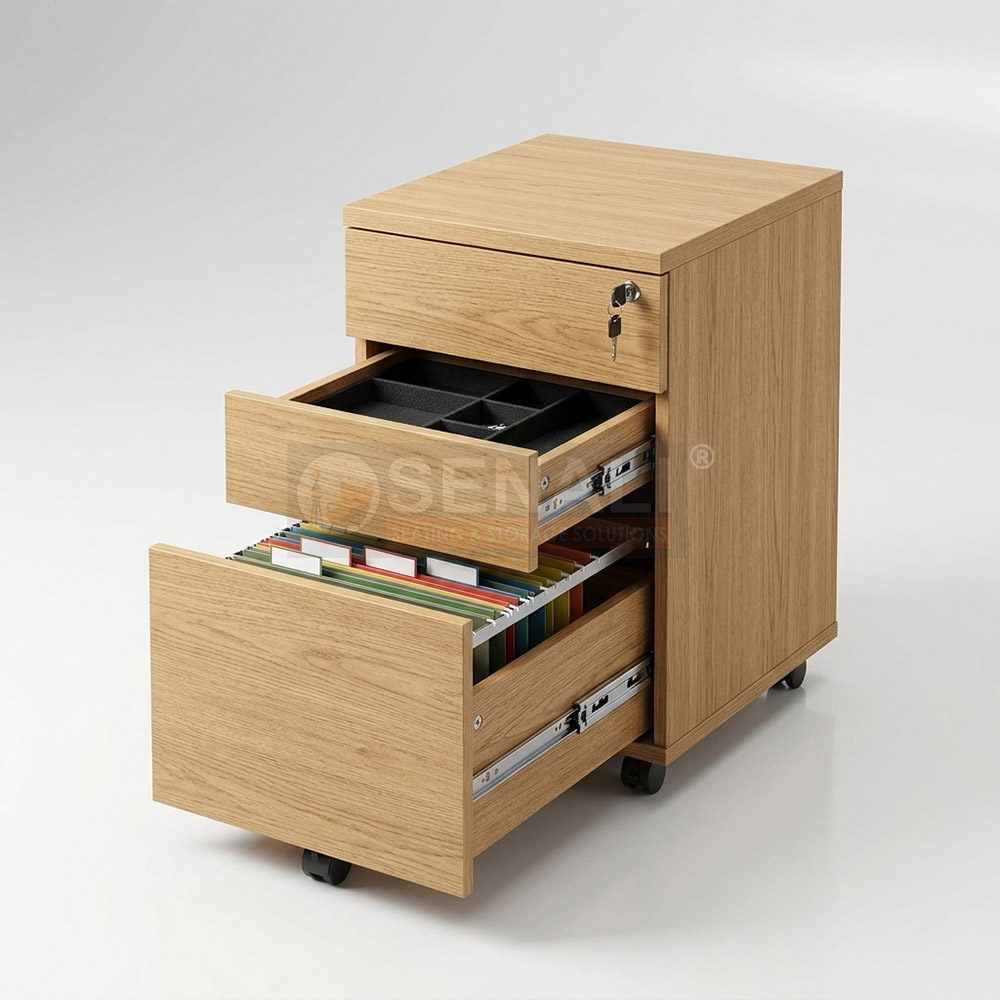 Fixed wooden under desk pedestal unit with pencil tray