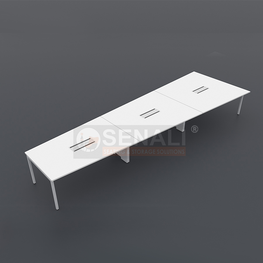 Minimalist wooden meeting desk with flip-top power socket