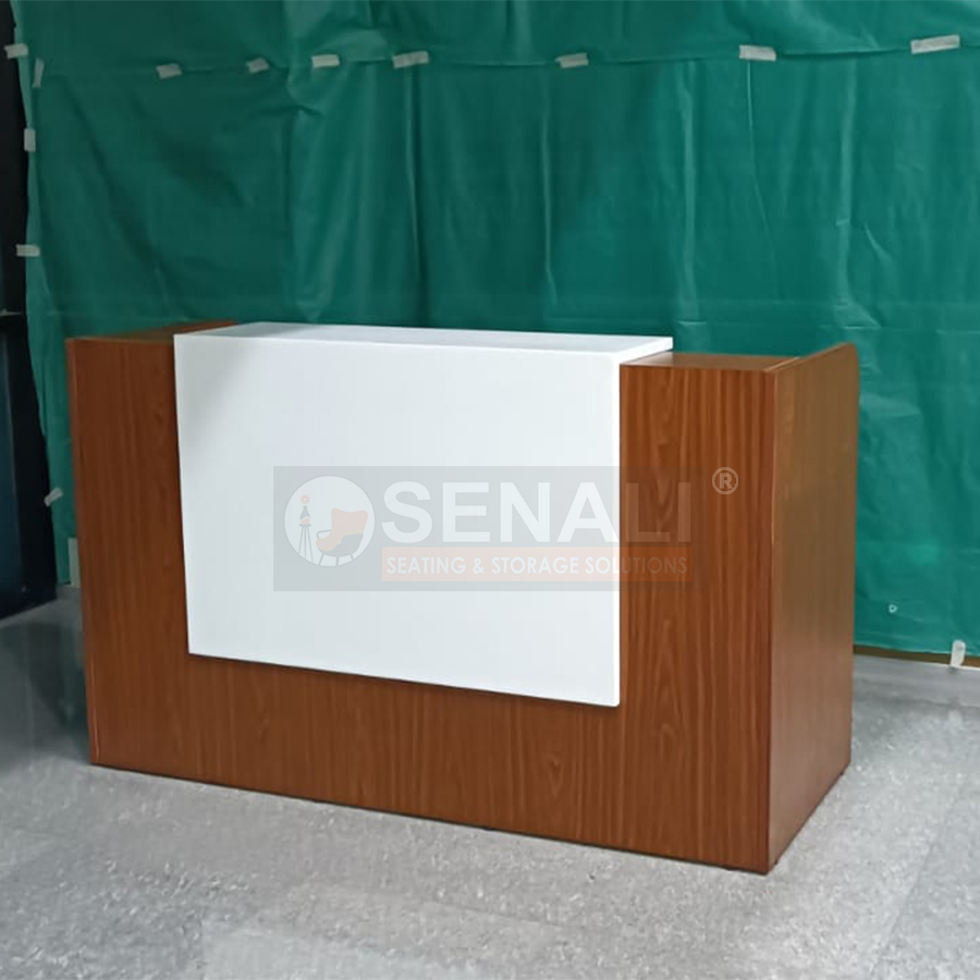 Contemporary wooden veneer reception counter for corporate lobby