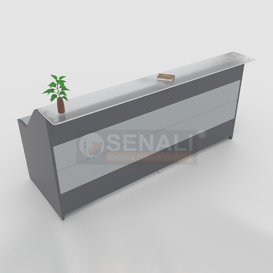 Grand commercial showroom reception desk setup