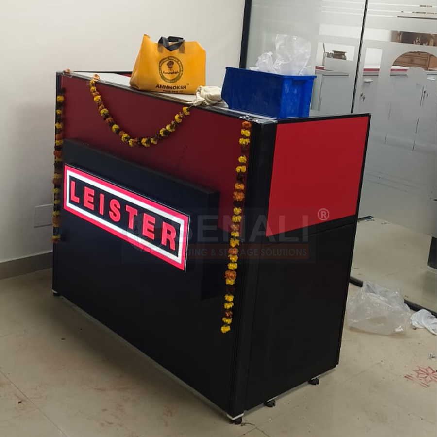 L-shaped wooden office reception counter with storage