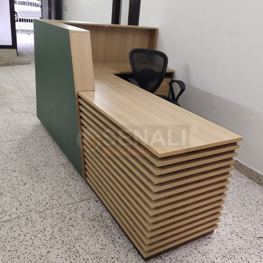 Dual workstation office reception desk with privacy panels